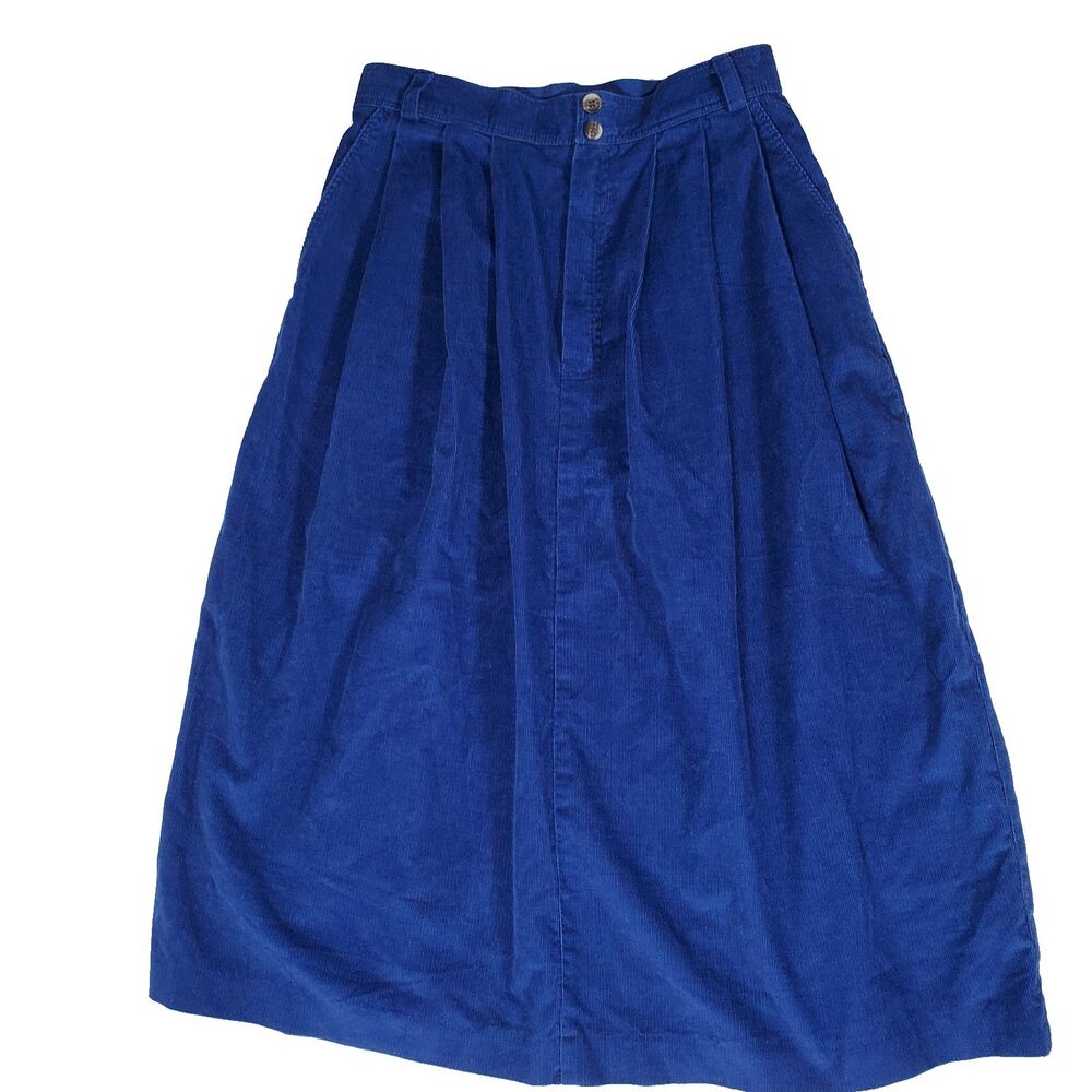 VTG LL Bean Women's Corduroy Midi Skirt Size 12 Petite Blue Cotton Blend Pockets